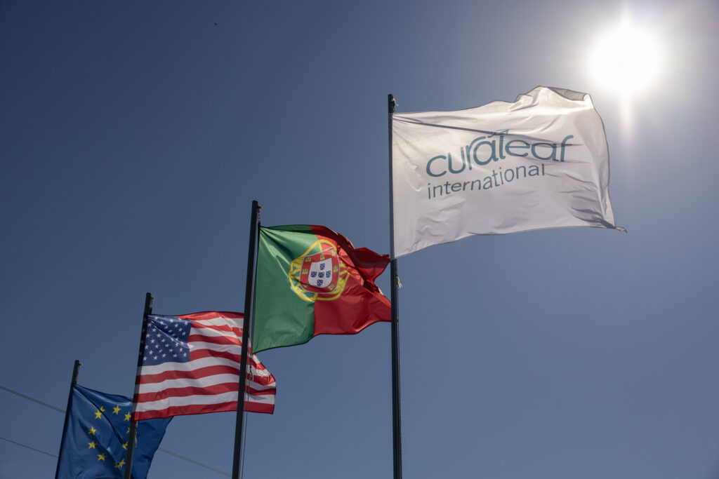 European, American, Portuguese and Curaleaf flags waving in the sky